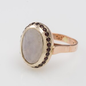 14K Gold Oval Moonstone and Garnet Cocktail Ring Gold Ring with Moonstone Victorian Ring Moonstone Jewelry image 3