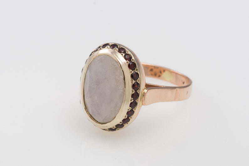 14K Gold Oval Moonstone and Garnet Cocktail Ring Gold Ring with Moonstone Victorian Ring Moonstone Jewelry image 3