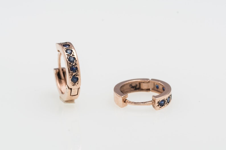 14mm Small Sapphire Hoop Rose Gold Earrings image 2