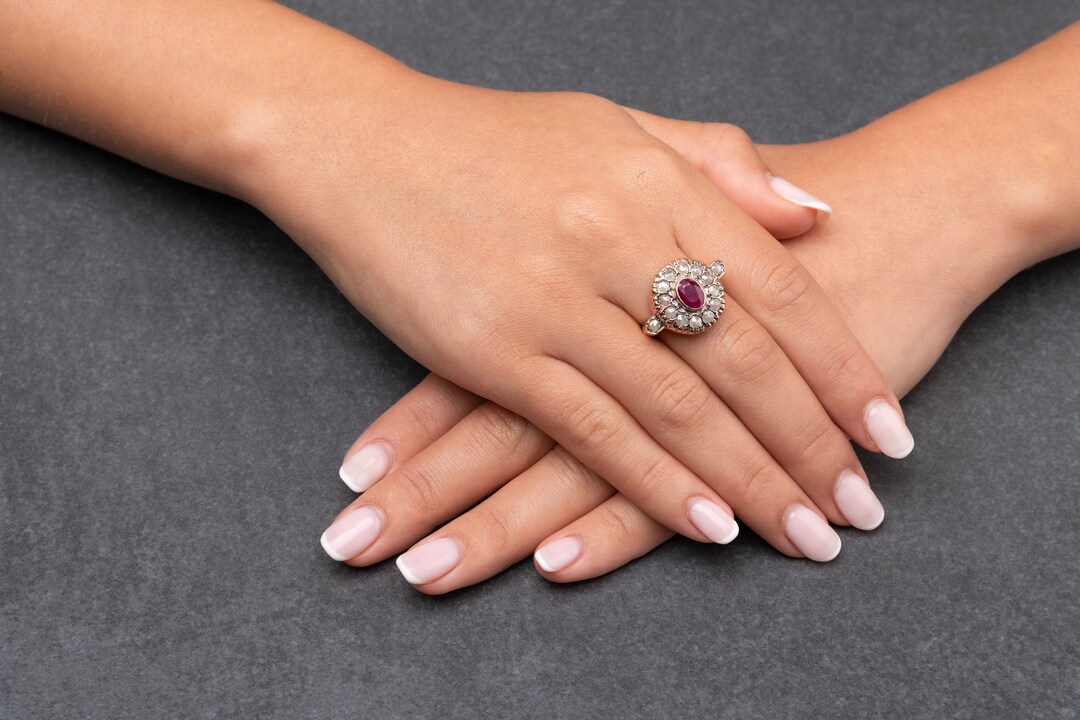 Ruby and Raw Diamonds Jasmine Flower Ring 14K Solid Rose Gold Gold