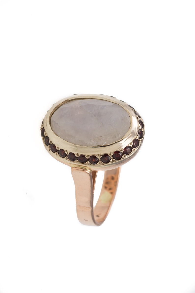 14K Gold Oval Moonstone and Garnet Cocktail Ring Gold Ring with Moonstone Victorian Ring Moonstone Jewelry image 4
