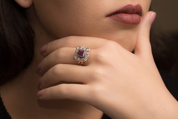 Ruby and Rose Cut Diamonds Square Cocktail Ring - July Birthstone - Vintage Gemstone Jewelry - Rose Gold Gemstone Ring - Pink and Gray