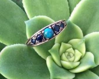 5 Stone Art Deco 14K Rose Gold Ring with Sapphire and Turquoise  - Rose Gold Sapphire Ring - Vintage Style Jewelry - Gemstone Jewelry