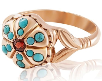 Granatupphöjd blommaring - Granatring i roséguld - Blomformad ring - Ädelstensring - Granat- och turkosring