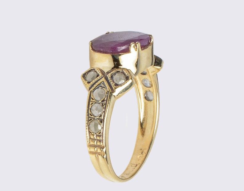 July Birthstone Ring Ruby Gold Ring 14 Karat Yellow Gold Ring Gemstone Jewelry Gold Ruby & Rose Cut Diamonds image 4