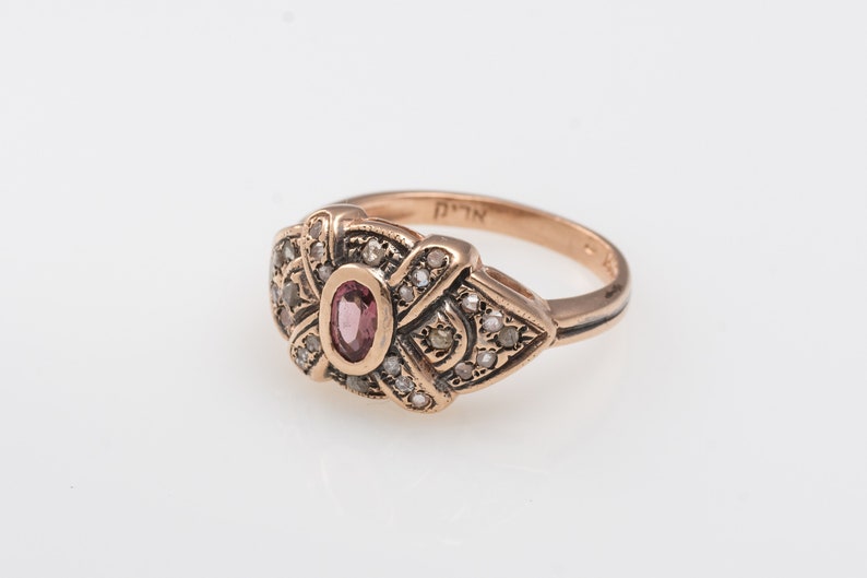 14K Tourmaline and Rose Cut Diamonds Ribbon Ring Gemstone Gold Ring Raw Diamonds and Tourmaline Ring image 1