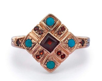 Blå turkosring - Granat och turkos vintagering - Unik ädelstensring - Röd granat och blå turkosring - Gåva till fru