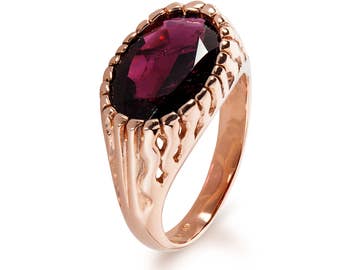 Anillo de oro granate rojo ovalado - anillo de declaración de oro rosa - anillo granate de piedra preciosa - anillo de oro rojo oscuro de 14K - anillo vintage único