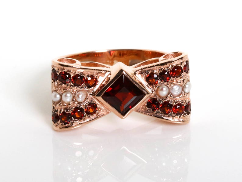 Bow Tie Garnet Ring Bow Ring Rose Gold Garnet Ring Garnet and Diamonds Ring Vintage Pearl and Garnet Ring Rose Gold Gemstone Ring image 2