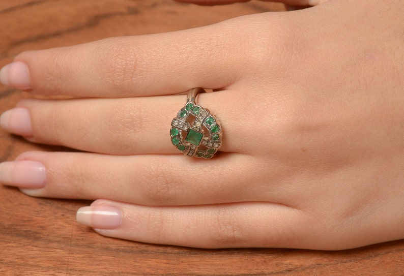 Emerald and Diamonds Statement Ring White Gold Gemstone Ring White Gold Emerald Engagement Ring Diamond and Emerald Solid Gold Ring image 5