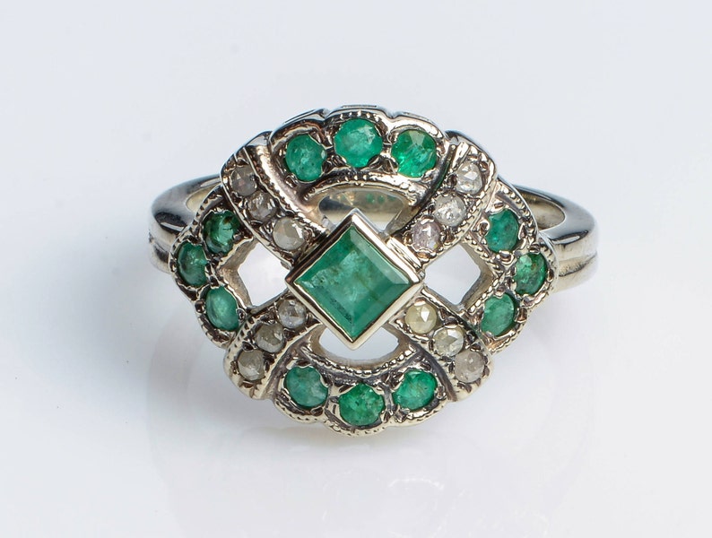 Emerald and Diamonds Statement Ring White Gold Gemstone Ring White Gold Emerald Engagement Ring Diamond and Emerald Solid Gold Ring image 2