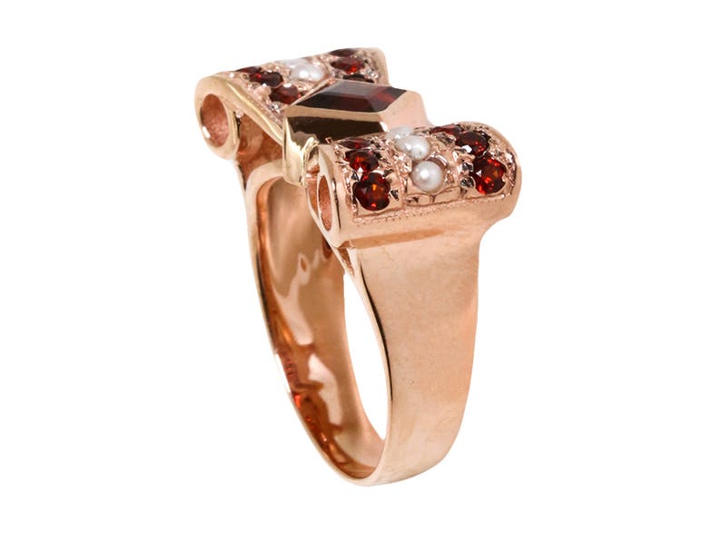 Bow Tie Garnet Ring Bow Ring Rose Gold Garnet Ring Garnet and Diamonds Ring Vintage Pearl and Garnet Ring Rose Gold Gemstone Ring image 4