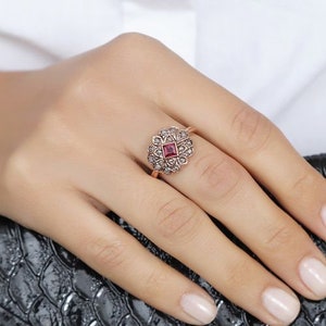 Ruby and Diamond Rose Gold 14K Ring - Gemstone Ring - July Birthstone - Ruby Jewelry - Gray Diamonds - Ruby Gemstone - Gift for Wife