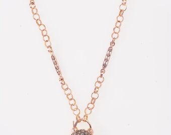 Rhombus and Leaves Rose Gold Necklace - Thick Gold Necklace - 14K Solid Gold Chain Necklace - Padlock Gold Chain