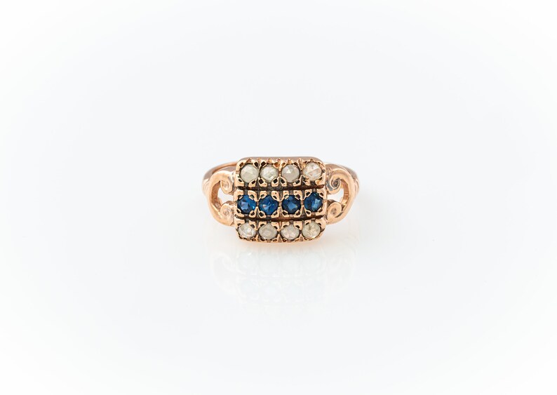 Small Three Row Sapphire with Diamonds Ring Rose Gold Sapphire Ring Victorian Style 14K Rose Gold Rose Gold Gemstone Ring Blue and Gray image 6