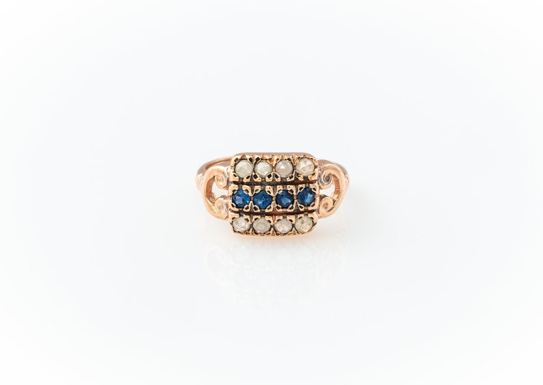 Small Three Row Sapphire with Diamonds Ring Rose Gold Sapphire Ring Victorian Style 14K Rose Gold Rose Gold Gemstone Ring Blue and Gray image 2