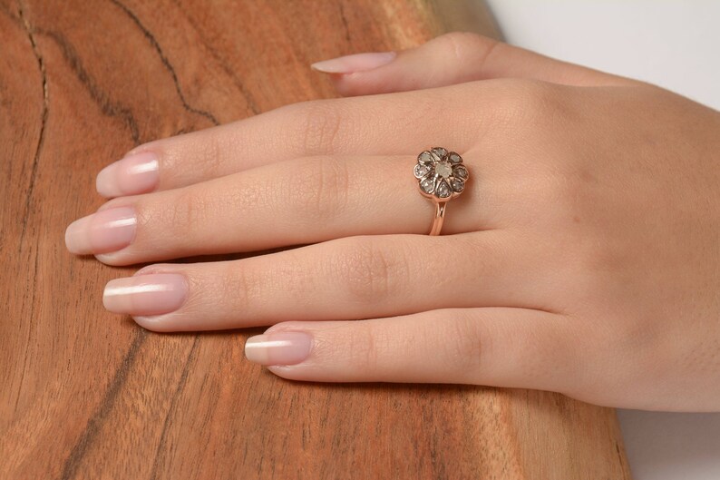 Flower Shaped Gold Ring Old Cut Diamond Ring Art Deco Ring Engagement Ring Antique Diamond 14K Rose Gold Ring Bridal Ring image 1