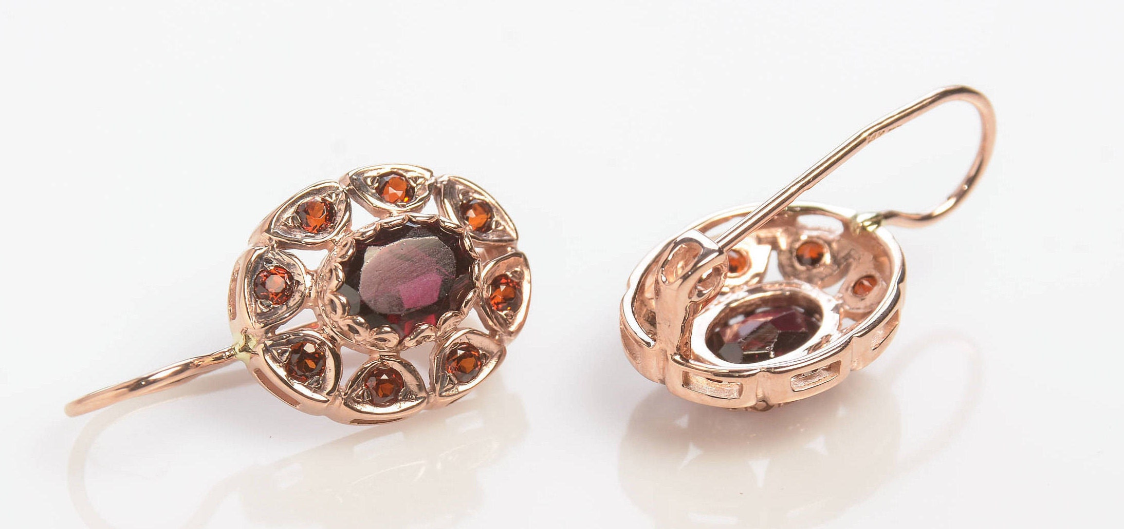 Rose Gold Earrings With Garnet Vintage Style Earrings Garnet Drop 