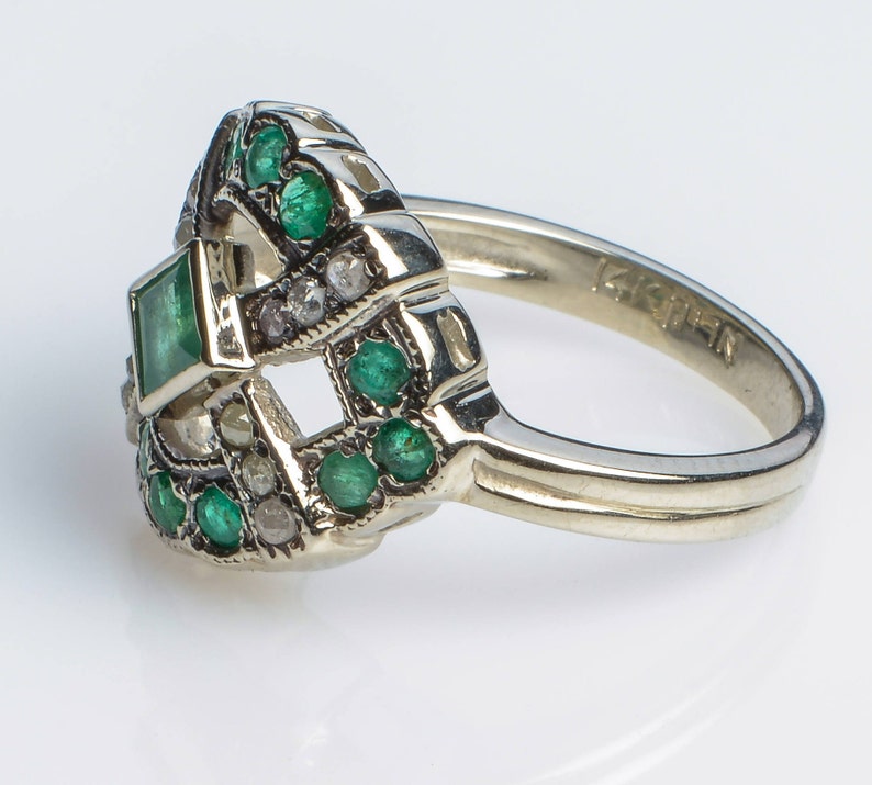 Emerald and Diamonds Statement Ring White Gold Gemstone Ring White Gold Emerald Engagement Ring Diamond and Emerald Solid Gold Ring image 4