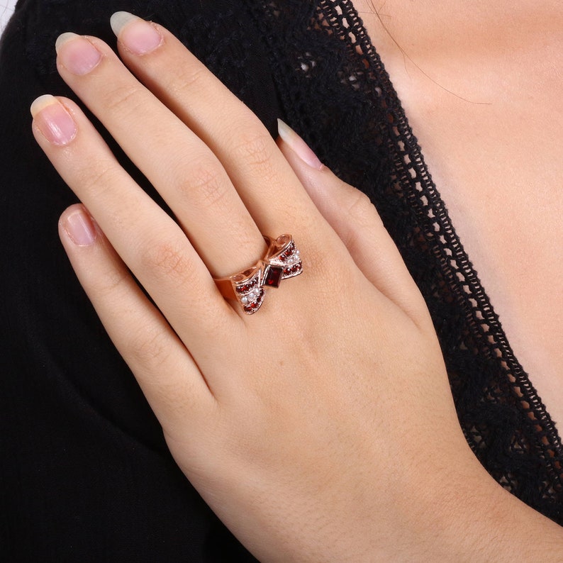 Bow Tie Garnet Ring Bow Ring Rose Gold Garnet Ring Garnet and Diamonds Ring Vintage Pearl and Garnet Ring Rose Gold Gemstone Ring image 1