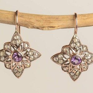 Star Earrings with Amethyst Star Shaped Earrings Vintage Earrings 14K Rose Gold Earrings Amethyst Jewelry image 2