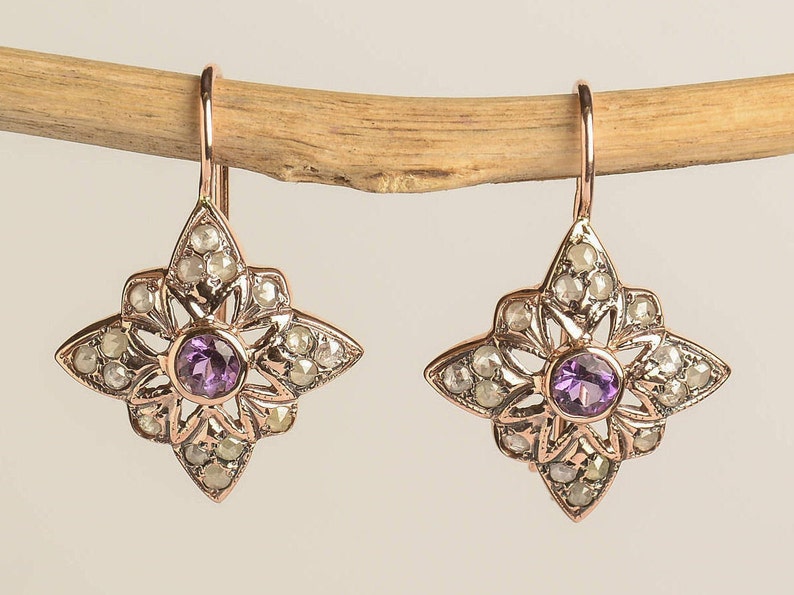 Star Earrings with Amethyst Star Shaped Earrings Vintage Earrings 14K Rose Gold Earrings Amethyst Jewelry image 2