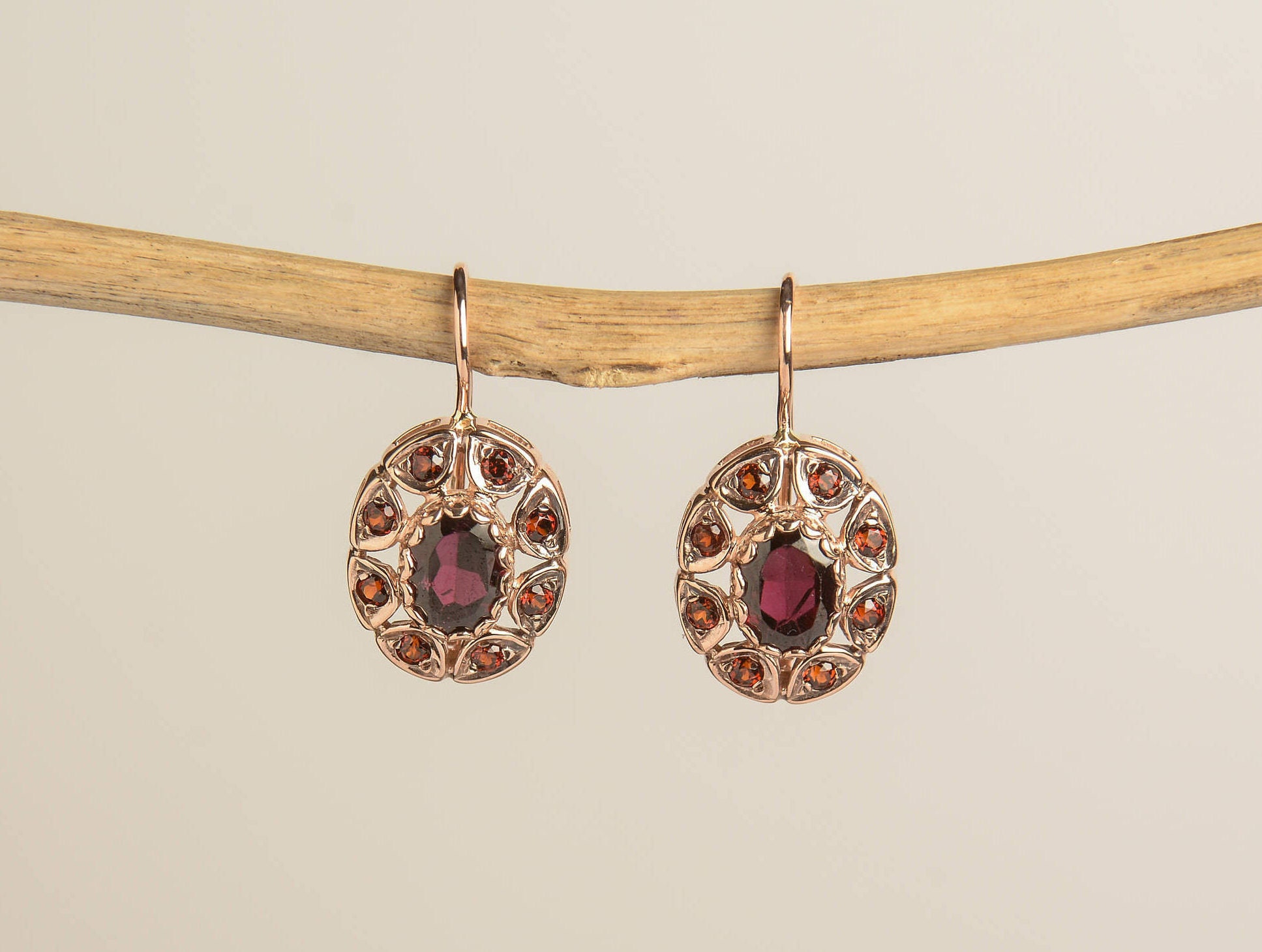 Rose Gold Earrings With Garnet Vintage Style Earrings Garnet Drop 