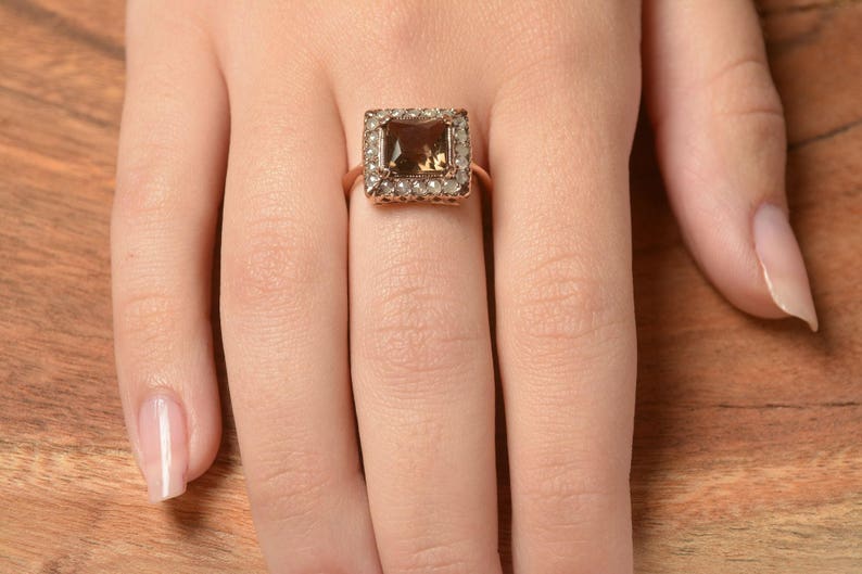 Square Smoky Topaz Ring With Rose Cut Diamonds Handmade in 14K Rose ...