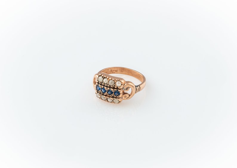 Small Three Row Sapphire with Diamonds Ring Rose Gold Sapphire Ring Victorian Style 14K Rose Gold Rose Gold Gemstone Ring Blue and Gray image 4