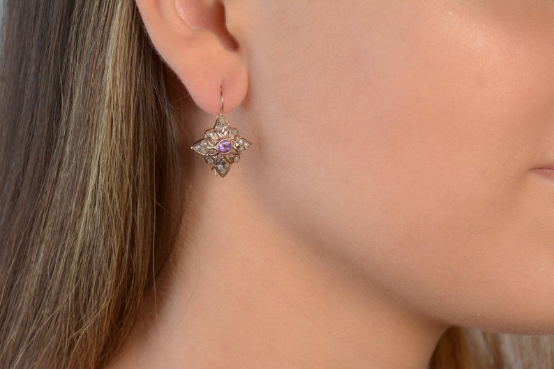 Star Earrings with Amethyst Star Shaped Earrings Vintage Earrings 14K Rose Gold Earrings Amethyst Jewelry image 1