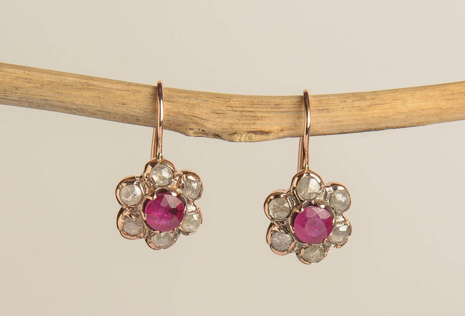 Rose Gold Flower Earrings Rose Cut Diamonds and Ruby Gold Etsy