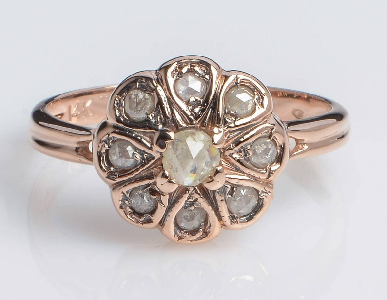 Flower Shaped Gold Ring Old Cut Diamond Ring Art Deco Ring Engagement Ring Antique Diamond 14K Rose Gold Ring Bridal Ring image 2