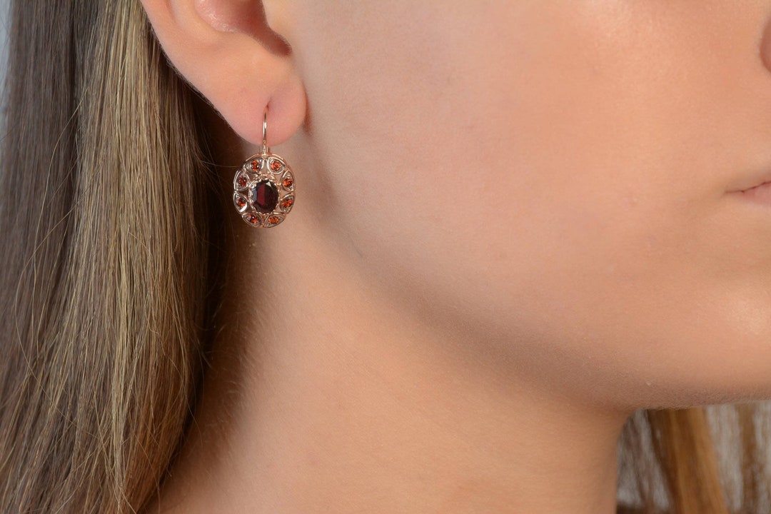 Rose Gold Earrings With Garnet Vintage Style Earrings Garnet Drop 