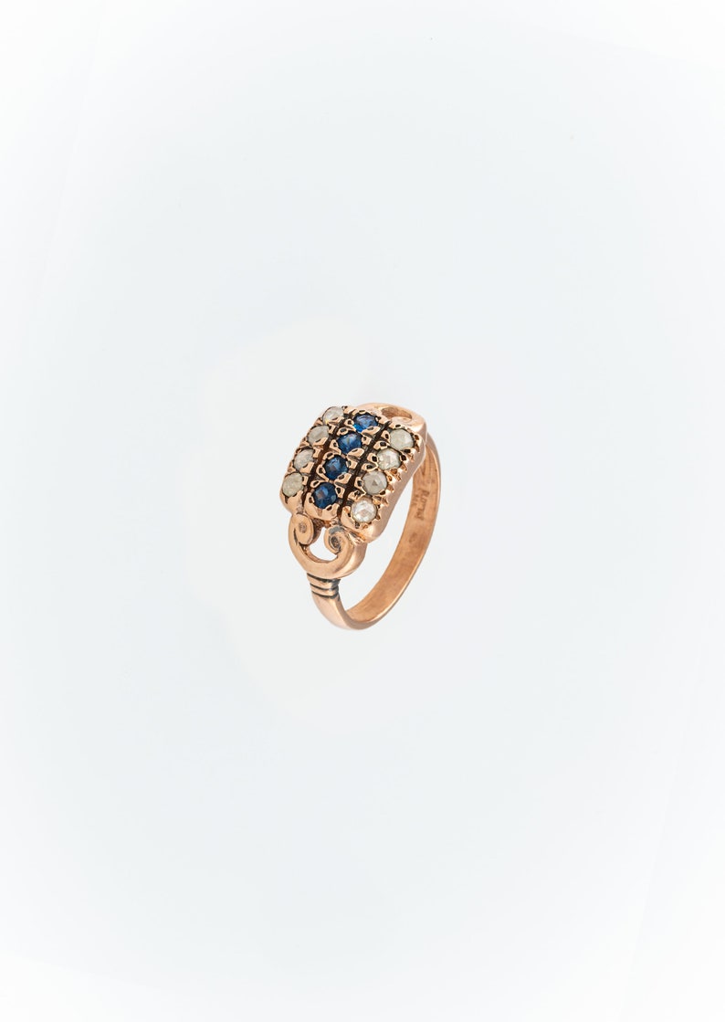 Small Three Row Sapphire with Diamonds Ring Rose Gold Sapphire Ring Victorian Style 14K Rose Gold Rose Gold Gemstone Ring Blue and Gray image 5