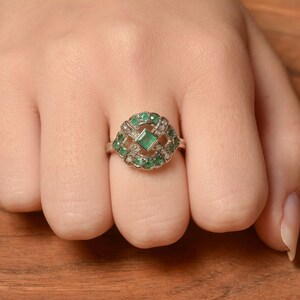Emerald and Diamonds Statement Ring White Gold Gemstone Ring White Gold Emerald Engagement Ring Diamond and Emerald Solid Gold Ring image 1