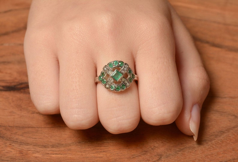 Emerald and Diamonds Statement Ring White Gold Gemstone Ring White Gold Emerald Engagement Ring Diamond and Emerald Solid Gold Ring image 1