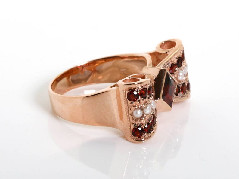 Bow Tie Garnet Ring Bow Ring Rose Gold Garnet Ring Garnet and Diamonds Ring Vintage Pearl and Garnet Ring Rose Gold Gemstone Ring image 3