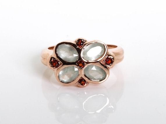 Aquamarine Flower Ring - Gold Gemstone Ring - Aquamarine Jewelry - Garnet and Aquamarine Ring - Flower Vintage Rose gold Ring - Unique Ring