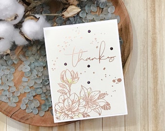 Handmade Greeting Card - Heat Foiled Floral Thanks Greeting Card - Heat Foiled Thanks Note Card - Heat Foiled Image and Background