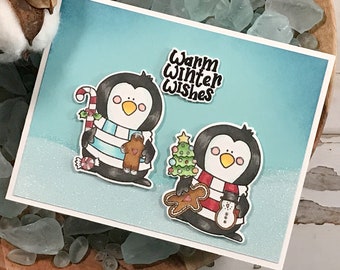Handmade Greeting Card - Penguin Christmas Holiday Greeting Card - Christmas Winter Wishes Holiday Note Card - Alcohol Marker