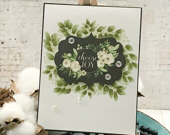 Handmade Greeting Card - Floral Wreath Choose Joy Encouragement Greeting Card - Encouragement Note Card - Alcohol Ink Wreath