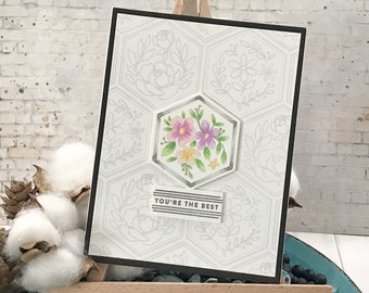 Handmade Greeting Card - Hexagon You're the Best! Encouragement Greeting Card - Encouragement Note Card - Stamped Image and Colored Pencils