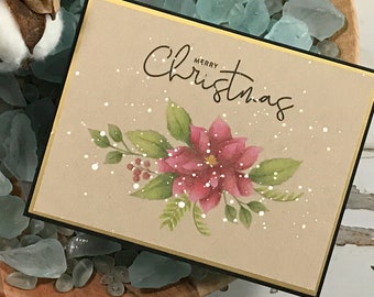 Handmade Greeting Card - Poinsettia Swag Christmas Holiday Greeting Card - Christmas Poinsettia Holiday Note Card - Colored Pencils