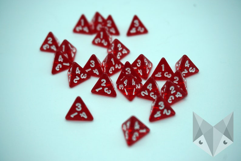 May include: A group of 17 red four-sided dice with white numbers. The dice are scattered on a white surface.