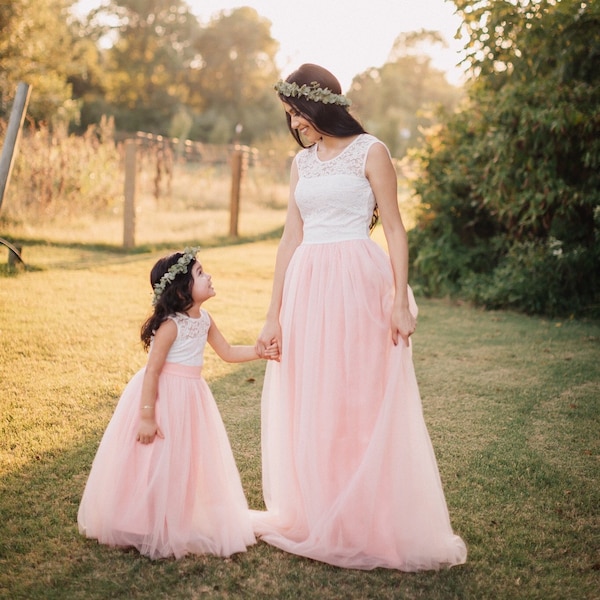 Blush pink Mother Daughter Matching Tutu Lace Dresses, Tulle Dress Long Floor length, Blush Pink Lace Dress, Rustic Girl Dress