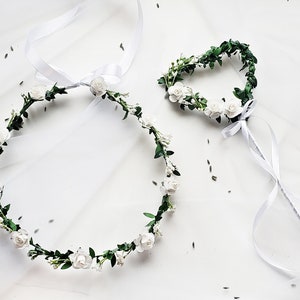 Rustic Flower Girl Crown and Wand Set: White Rose Hair Wreath