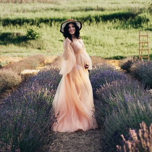 Peach Tulle Maternity Dress: Photo Shoot Gown with Train