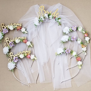 Gold Bride Headband with White Veil: Bachelorette Party Crown
