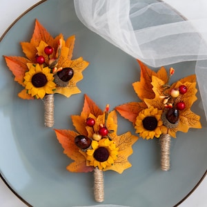 Rustic Autumn Wedding Boutonniere: Terracotta Maple Leaf, Acorn