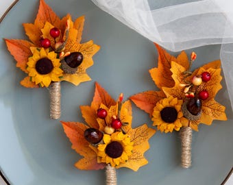 Rustic Autumn Wedding Boutonniere: Terracotta Maple Leaf, Acorn